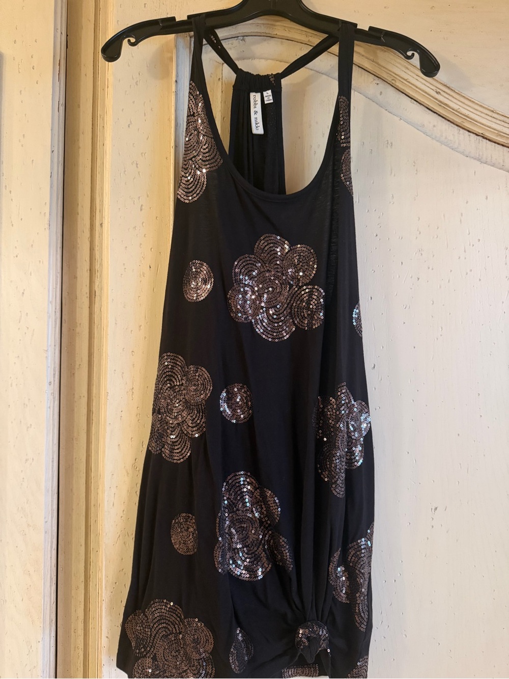 Black racerback long tank by nikki&robbi with circular rosegold sequins.large.